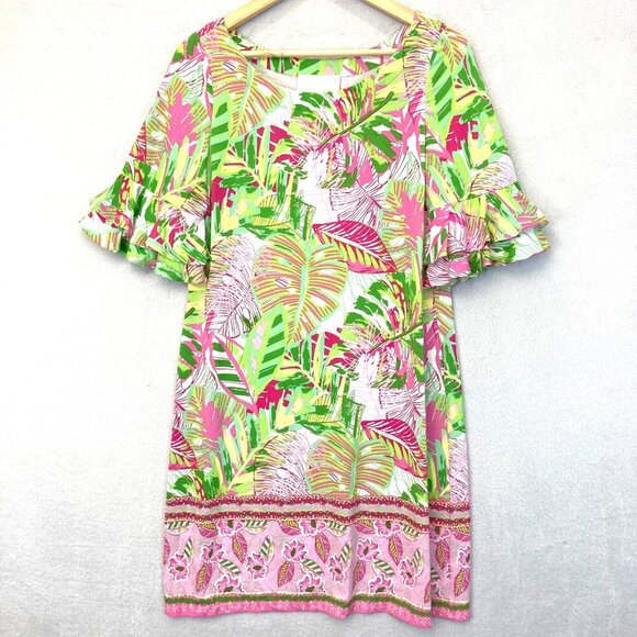 NWT Pappagallo Erika Flutter Sleeve Tropical Shift Dress Medium M Green Pink - Picture 2 of 11